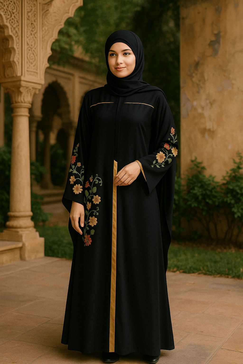 Woman in a black abaya with floral embroidery standing in a historic architectural setting.