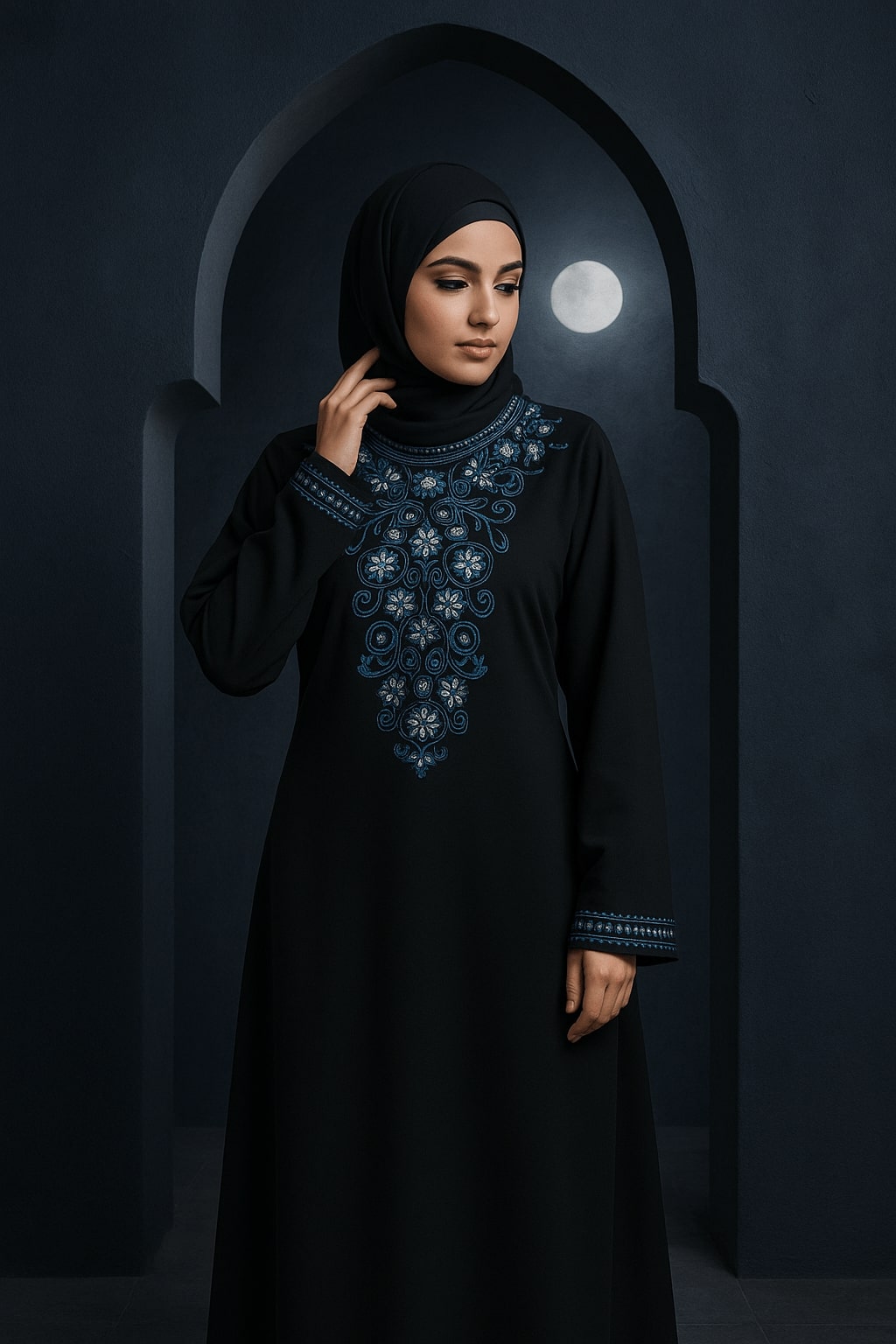 Woman wearing a black abaya with blue embroidery in a dark setting
