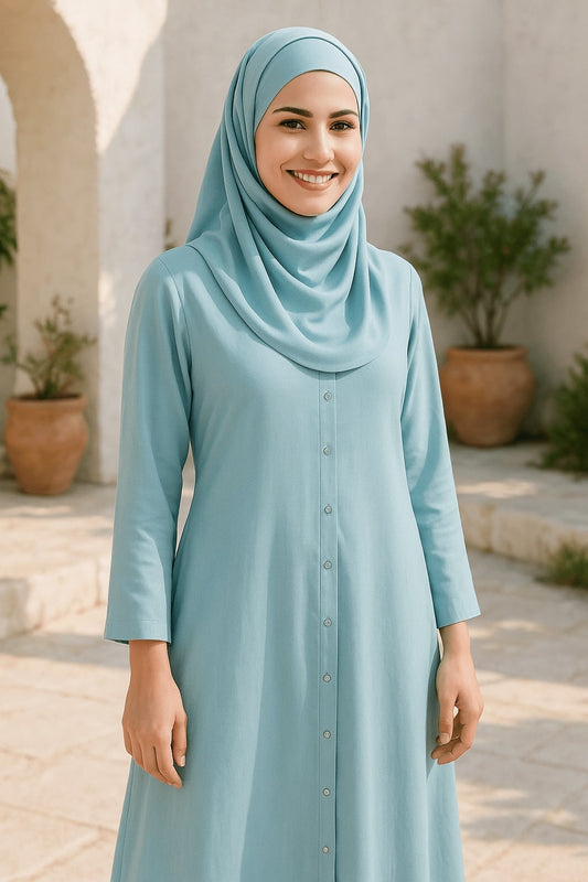 Woman wearing a light blue hijab and dress standing outdoors with plants and arches in the background.