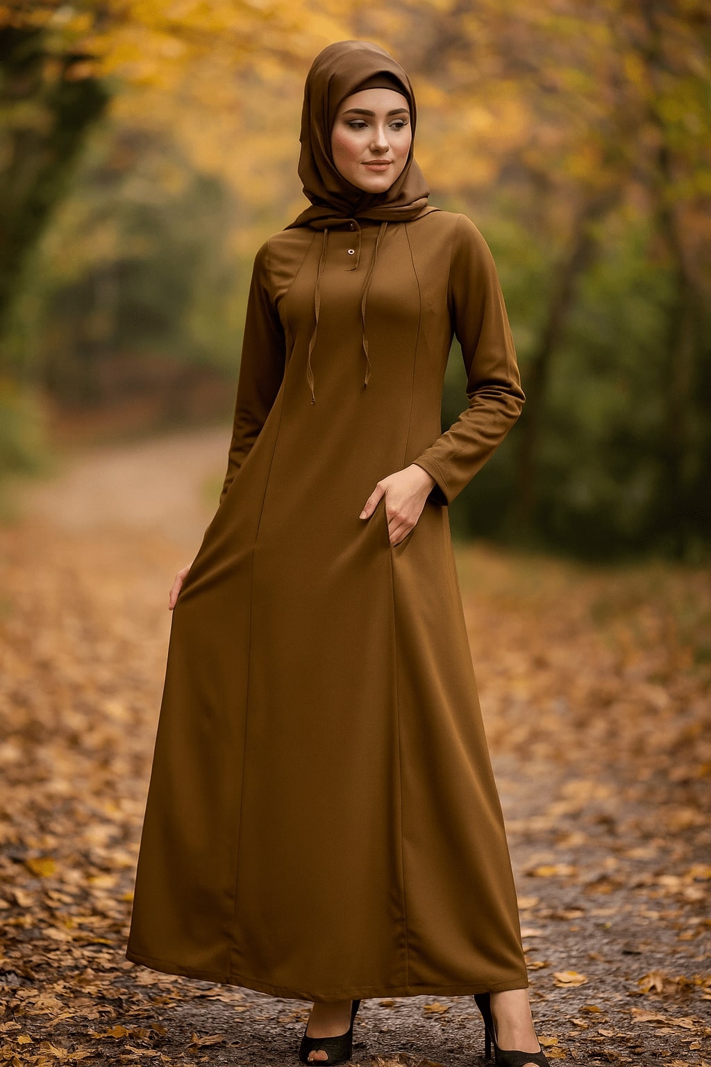 Woman wearing a brown dress and hijab standing in a forest with autumn leaves.