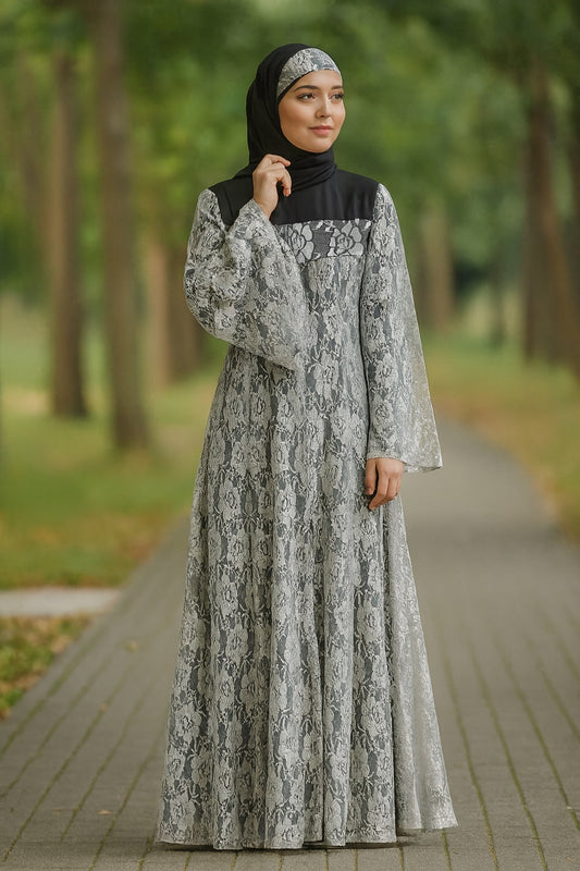 Beautiful White Flower Net Abaya