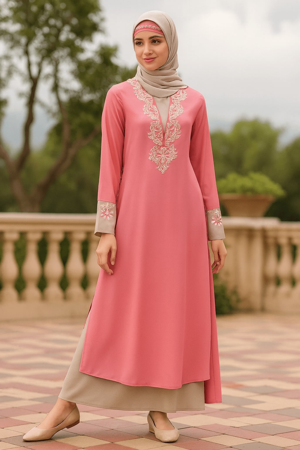 Woman wearing a pink dress with embroidery standing outdoors.