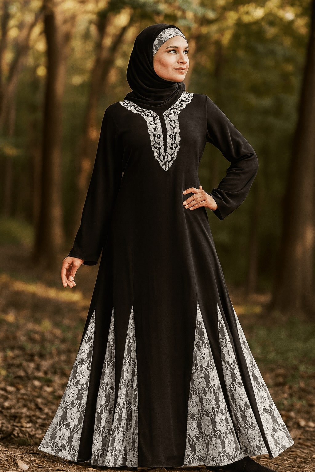Woman wearing a black dress with white lace details in a forest setting
