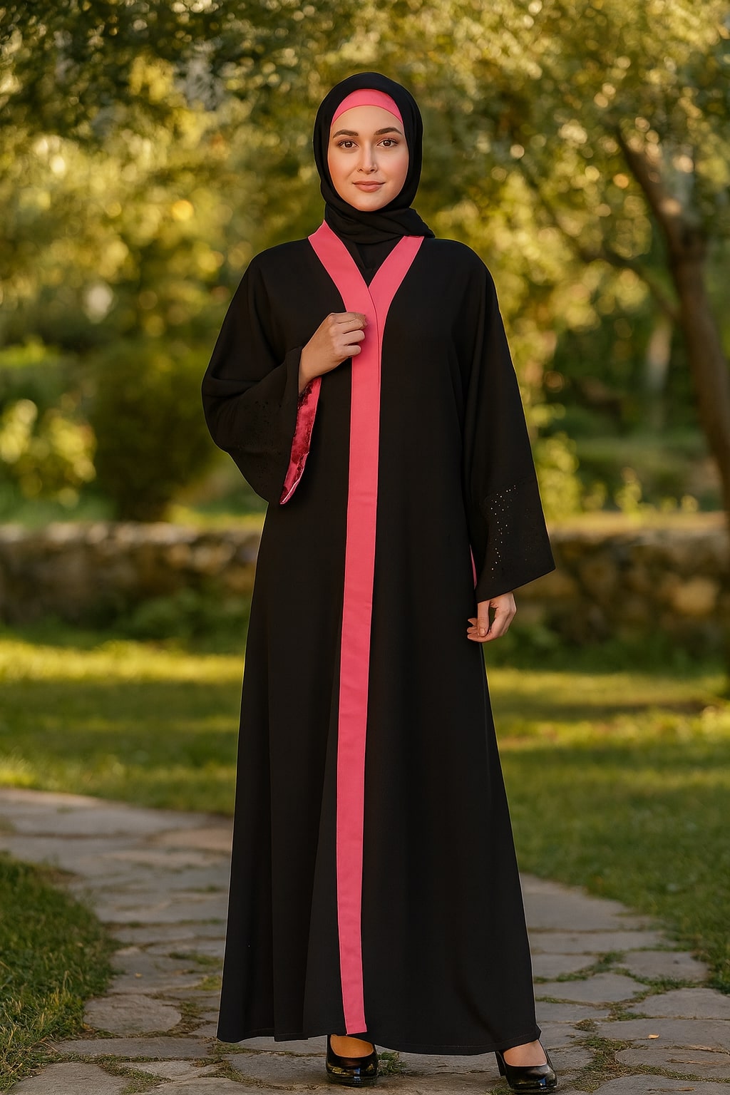 Woman wearing a black abaya with a pink stripe in a park setting