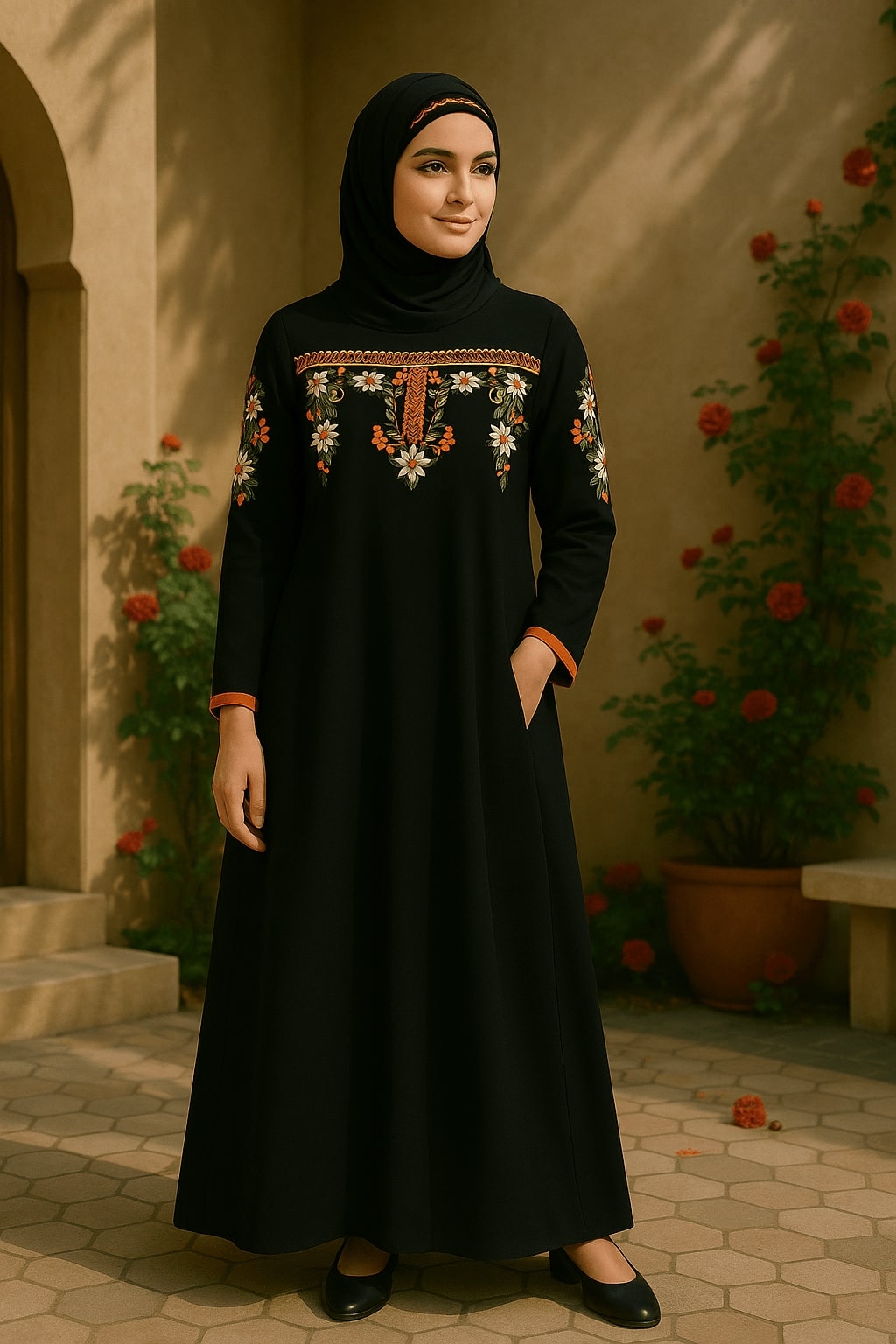 Woman wearing a black embroidered dress standing outdoors with plants and flowers in the background.
