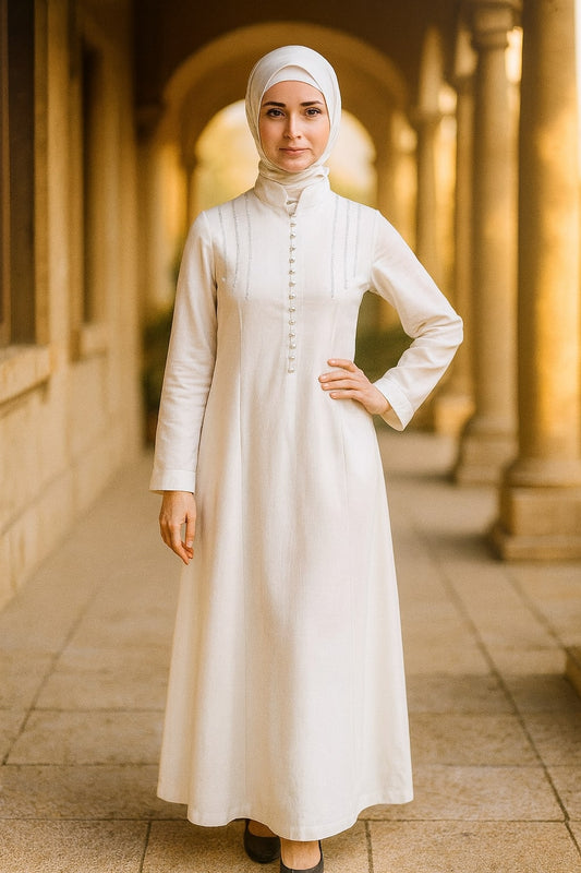 Woman in a white dress standing in an architectural setting with columns.