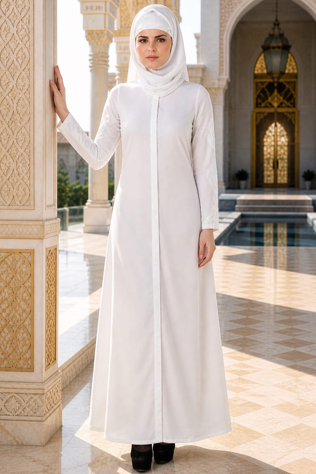 Huma White Front Open Cotton Abaya Huma White Front Open Cotton Abaya