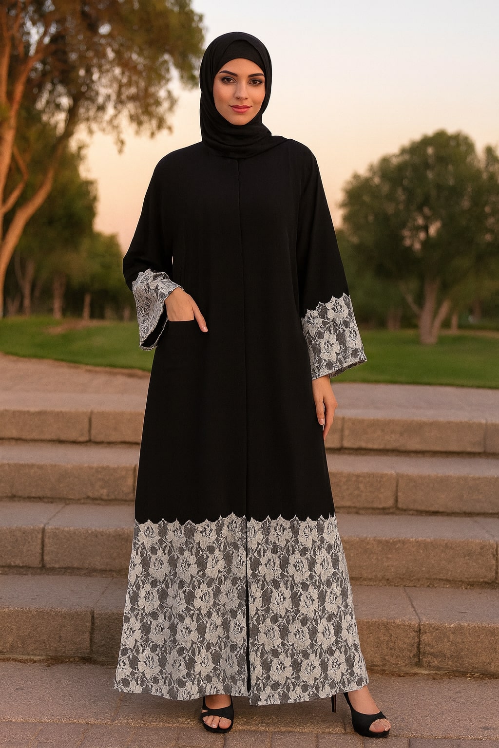 Woman wearing a black and white patterned dress standing on steps outdoors.