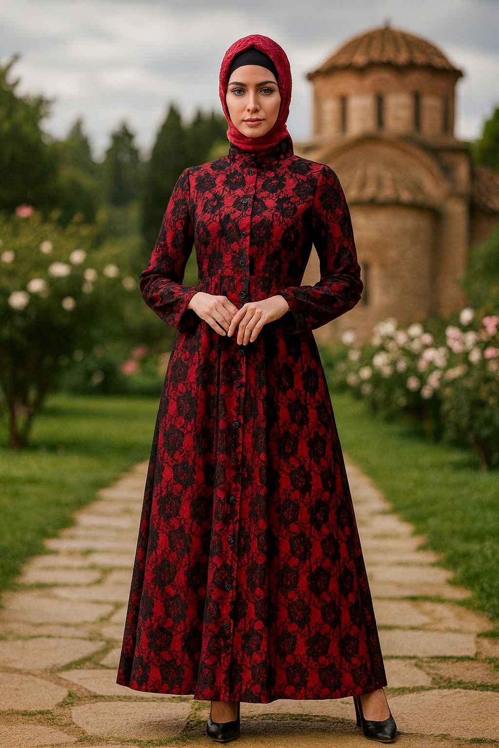 Woman in a red and black patterned dress standing on a stone path with greenery and a building in the background.