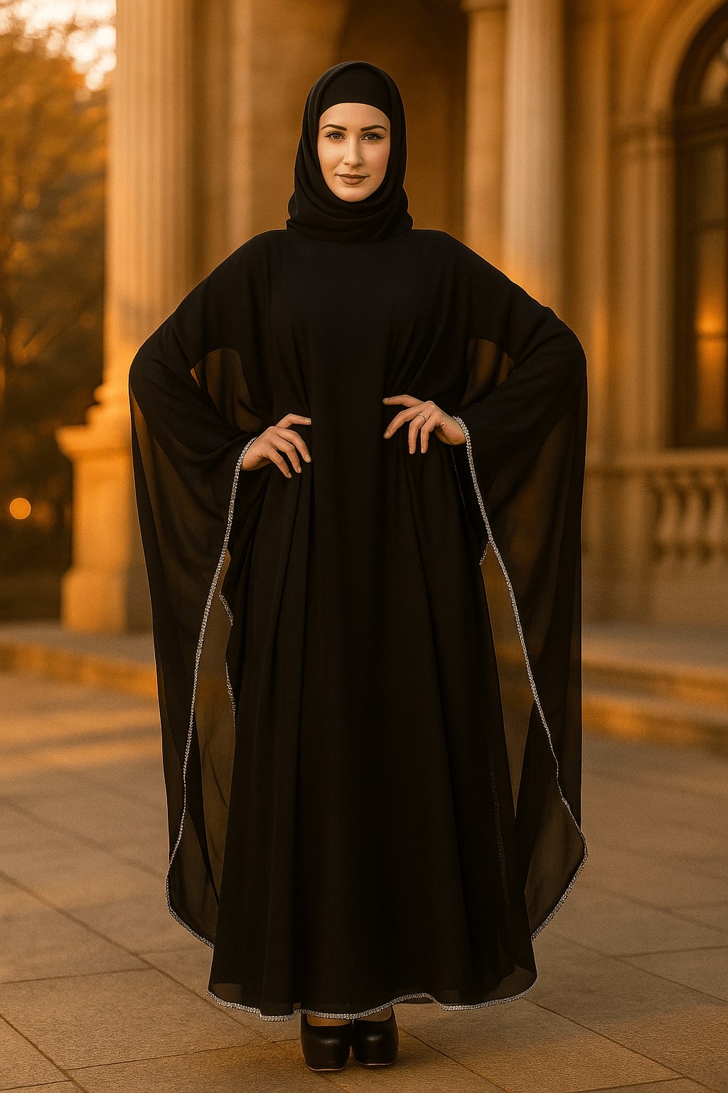 Woman wearing a black abaya in front of classical architecture
