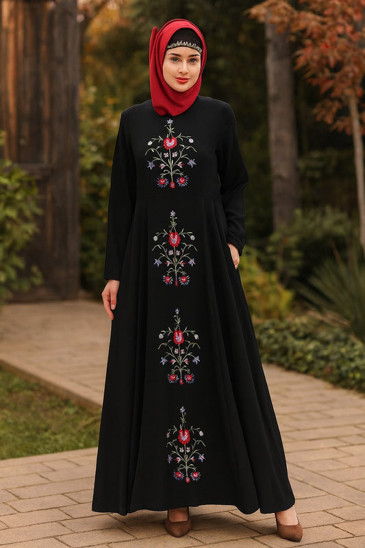 Black Floral Embroidered Nida Abaya