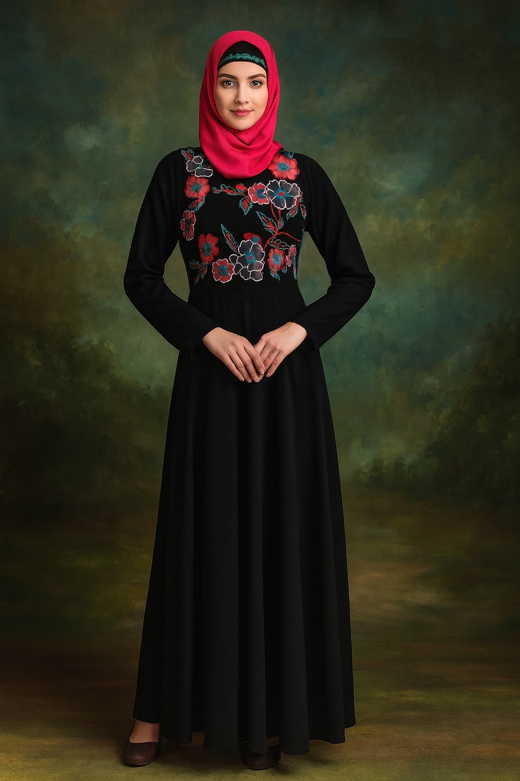 Woman wearing a black dress with floral embroidery and a red hijab against a textured green and brown background