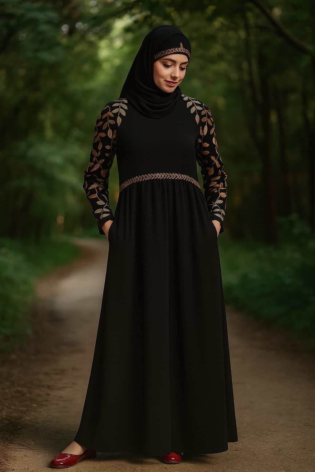 Woman in a black dress with intricate patterns standing in a forest.