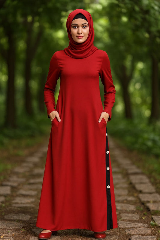 Woman wearing a red dress with a hood in a forest setting