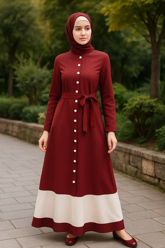 Woman wearing a maroon dress with white buttons and hem in an outdoor setting.