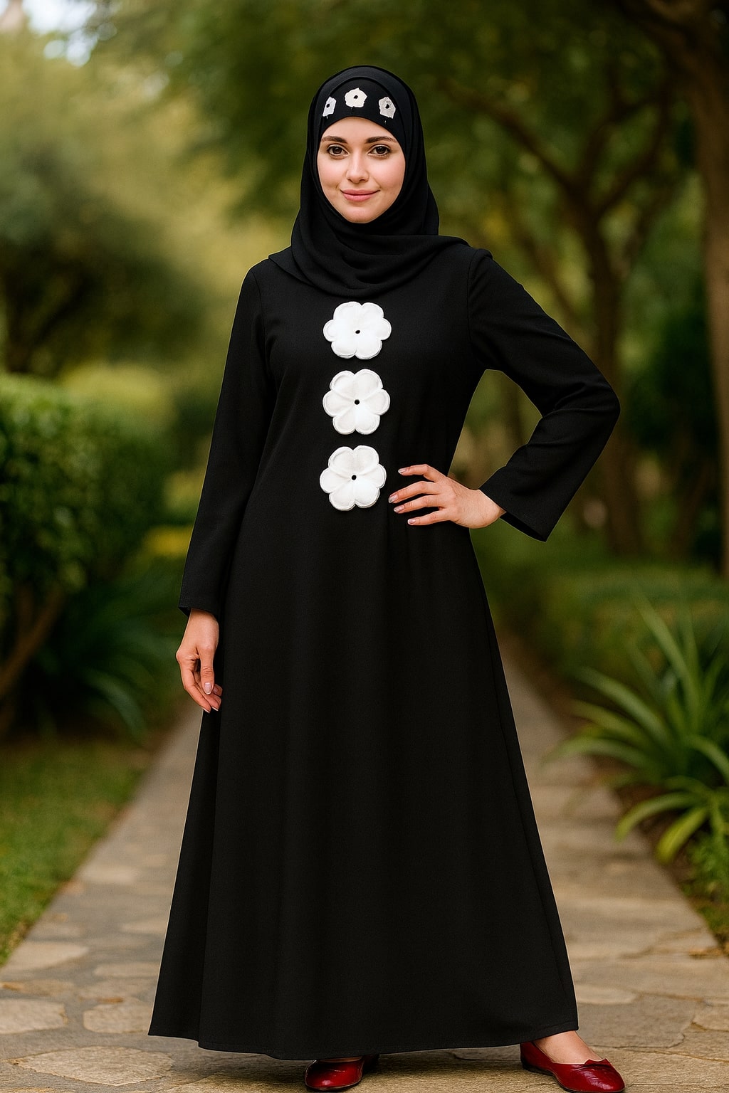 Woman wearing a black dress with white floral patterns outdoors.