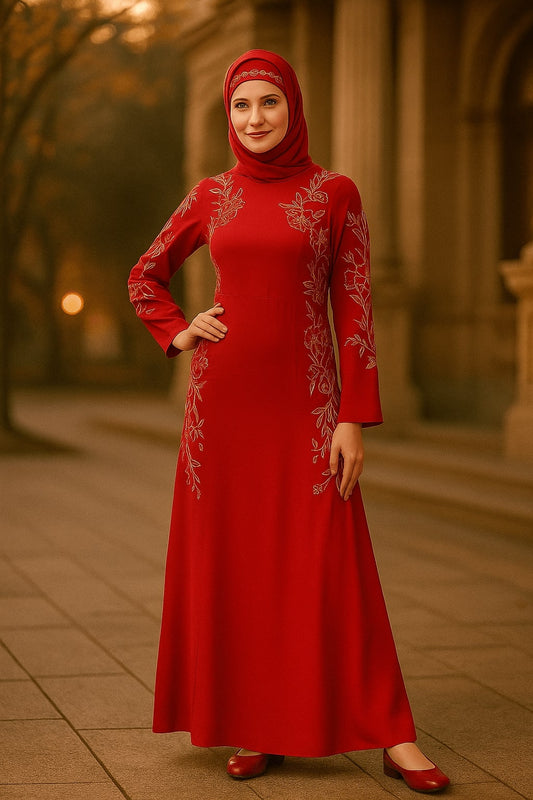 Woman in a red dress with floral embroidery standing outdoors.