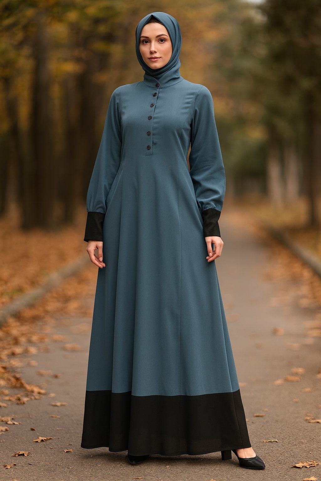 Woman wearing a teal dress with black bottom half on a path with blurred trees in the background