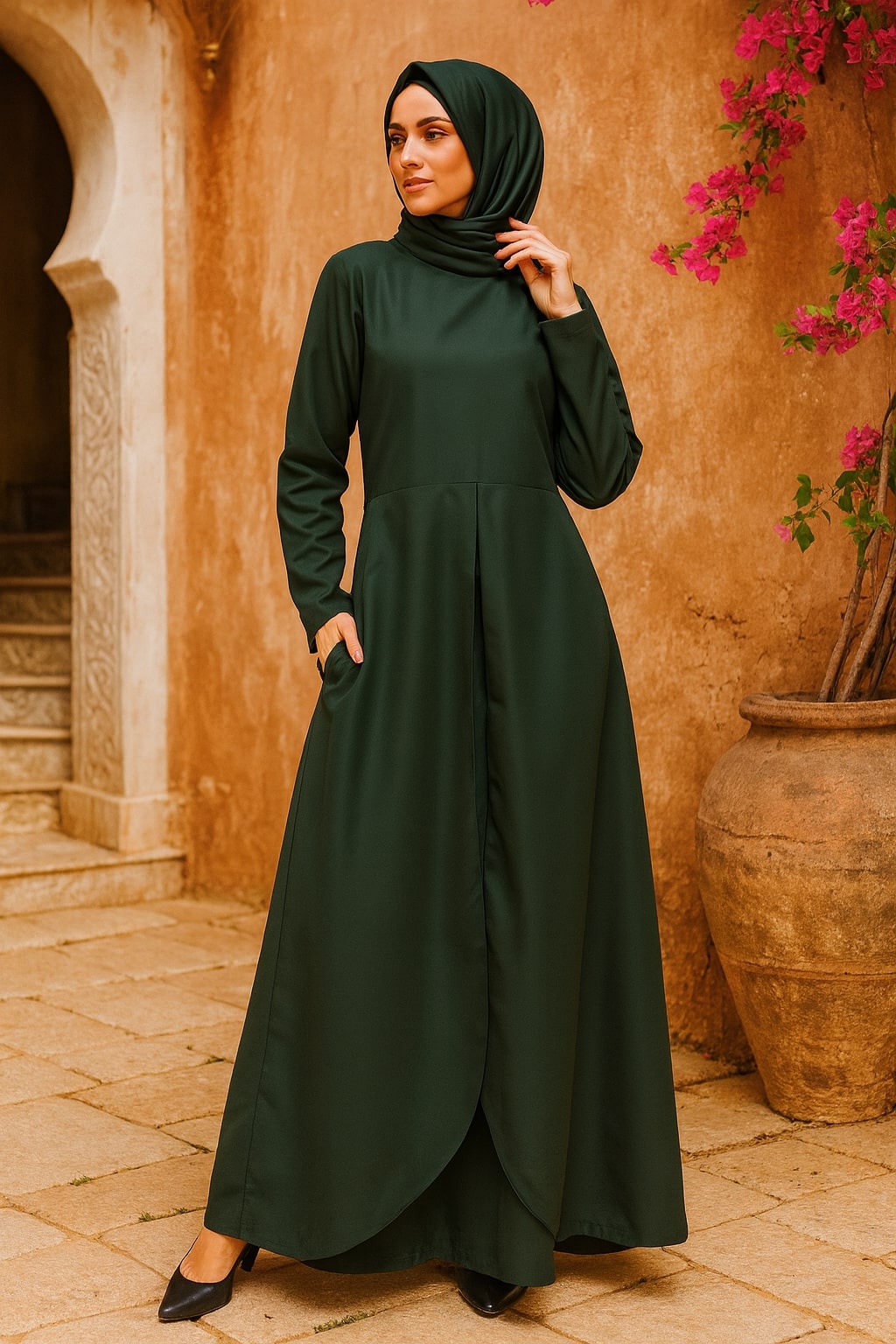 Woman wearing a dark green dress and hijab standing in front of a warm-toned wall with pink flowers.