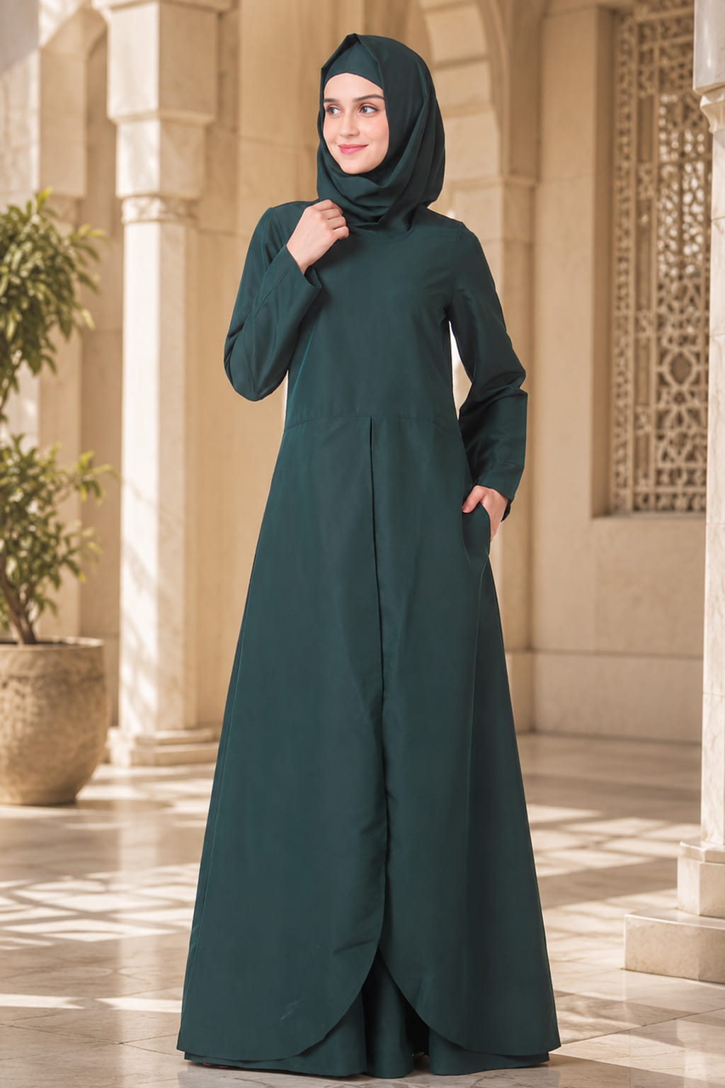 abaya dress green Shiza Chiffon Three Tiered Open Abaya with belt 750