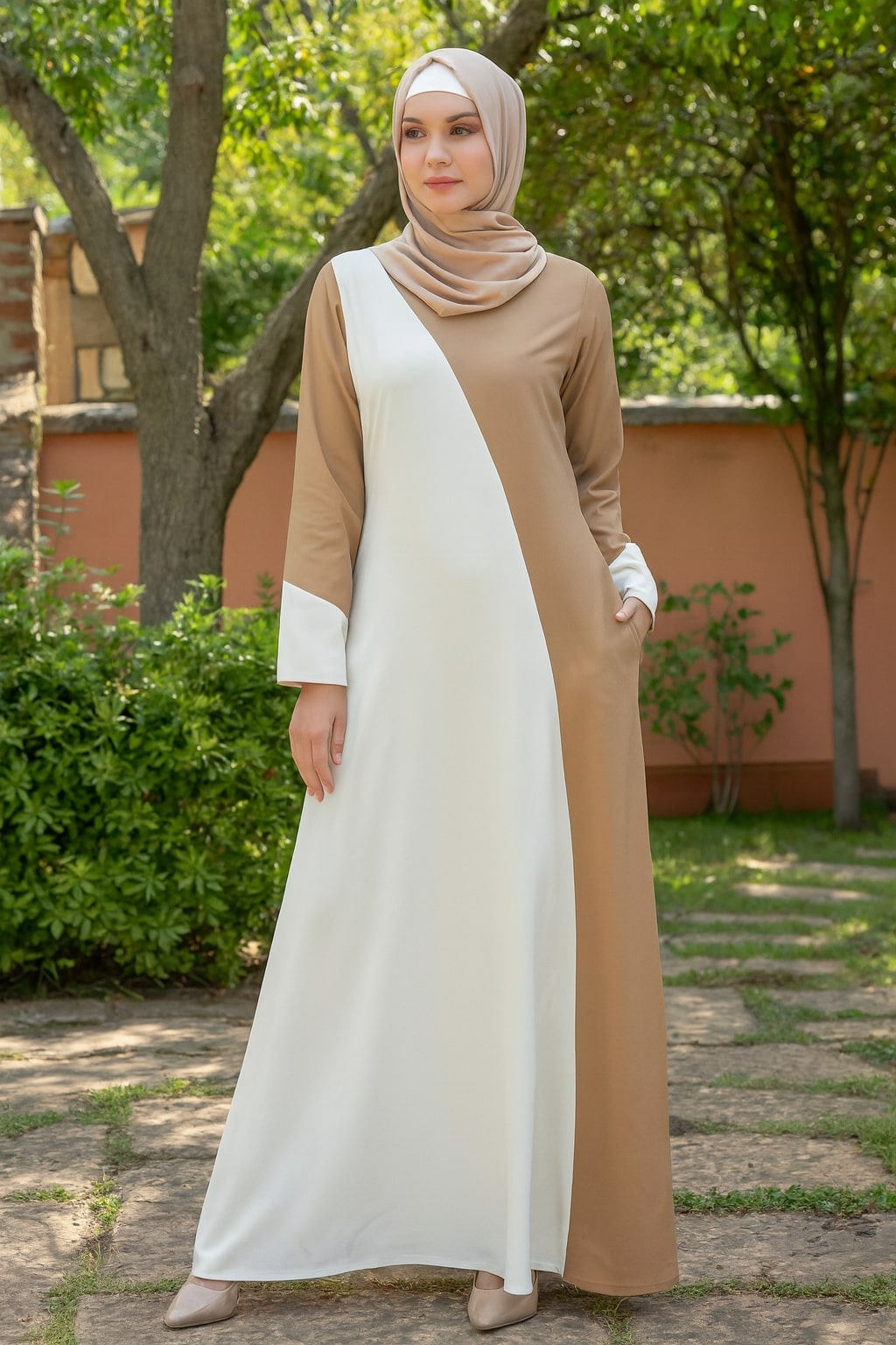 Woman wearing a beige and white dress standing outdoors with greenery in the background