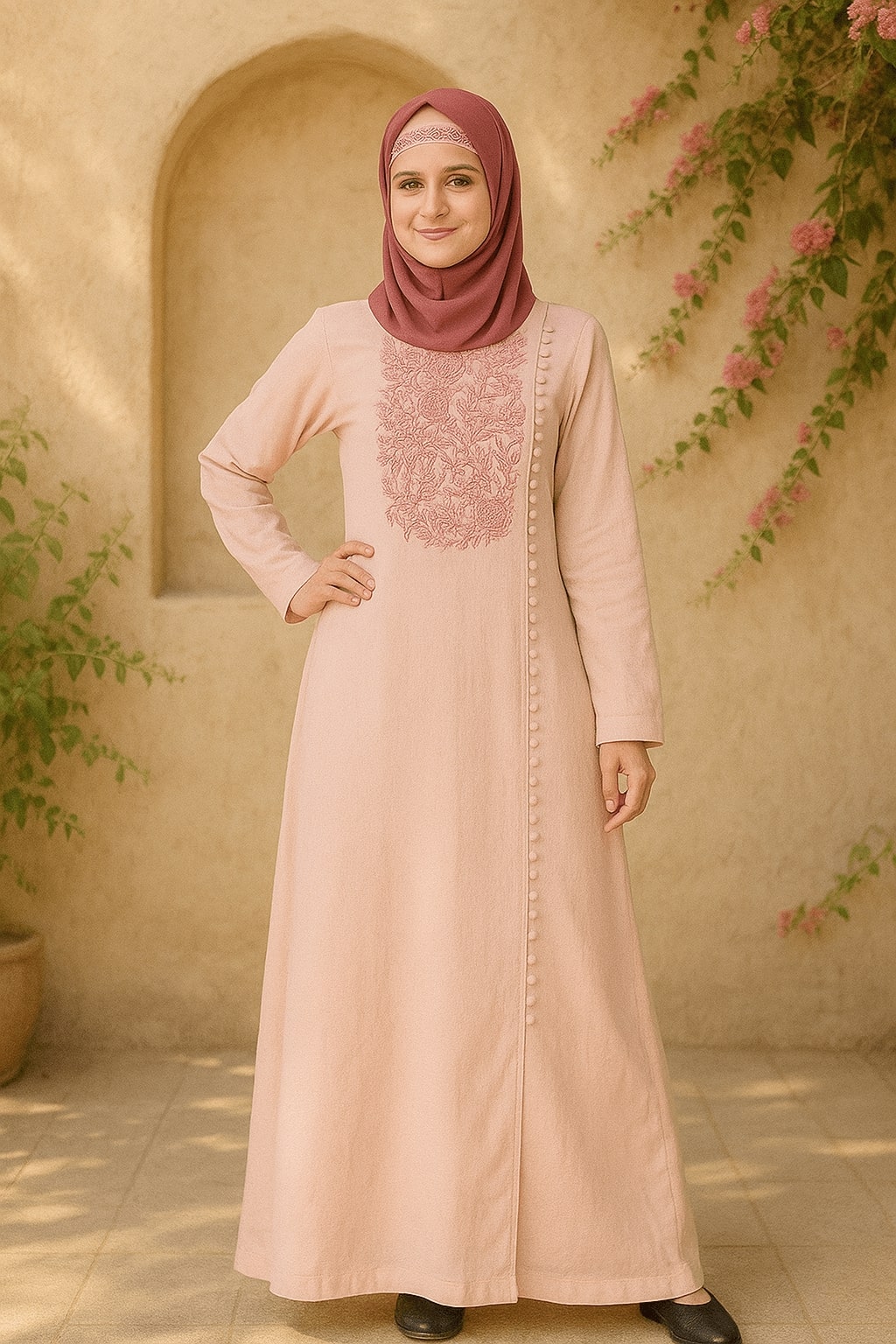 Woman wearing a long, light pink dress with intricate patterns in an outdoor setting.