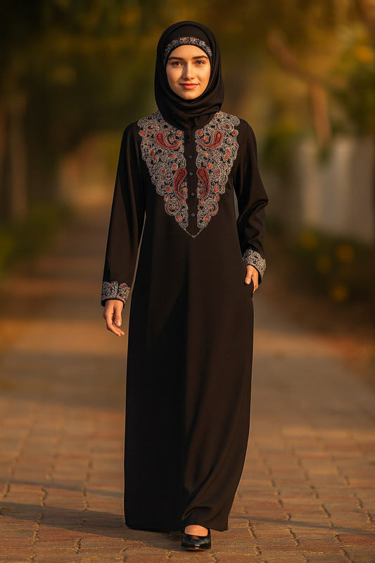 Woman wearing a black abaya with intricate embroidery on a blurred outdoor background