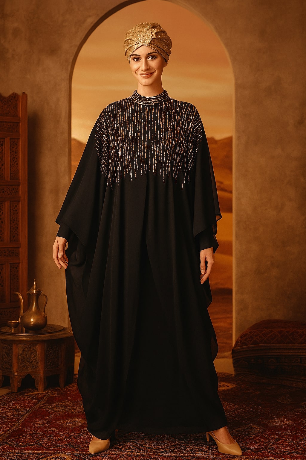 Woman in a black dress with intricate detailing standing in a warm-toned room.