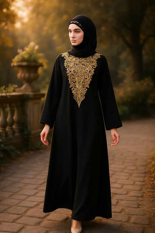 Woman wearing a black dress with gold embroidery in an outdoor setting