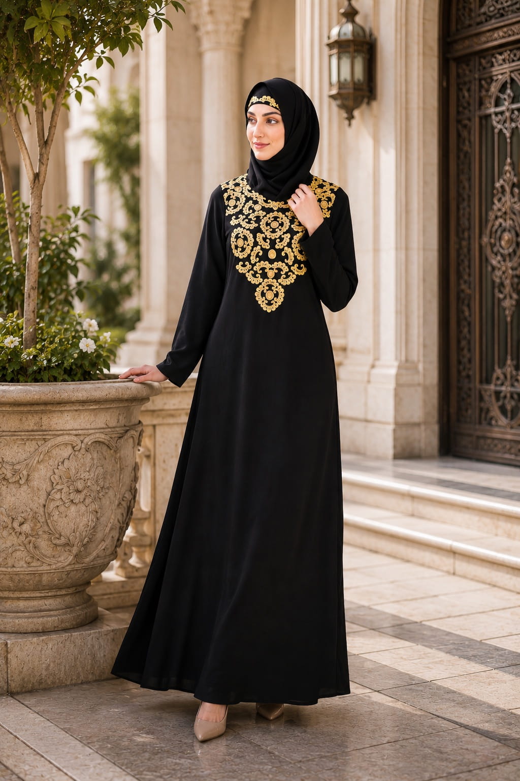 Gold & Copper Hand Embroidered Neck Fancy Abaya AY-808 Gold & Copper Hand Embroidered Neck Fancy Abaya AY-808