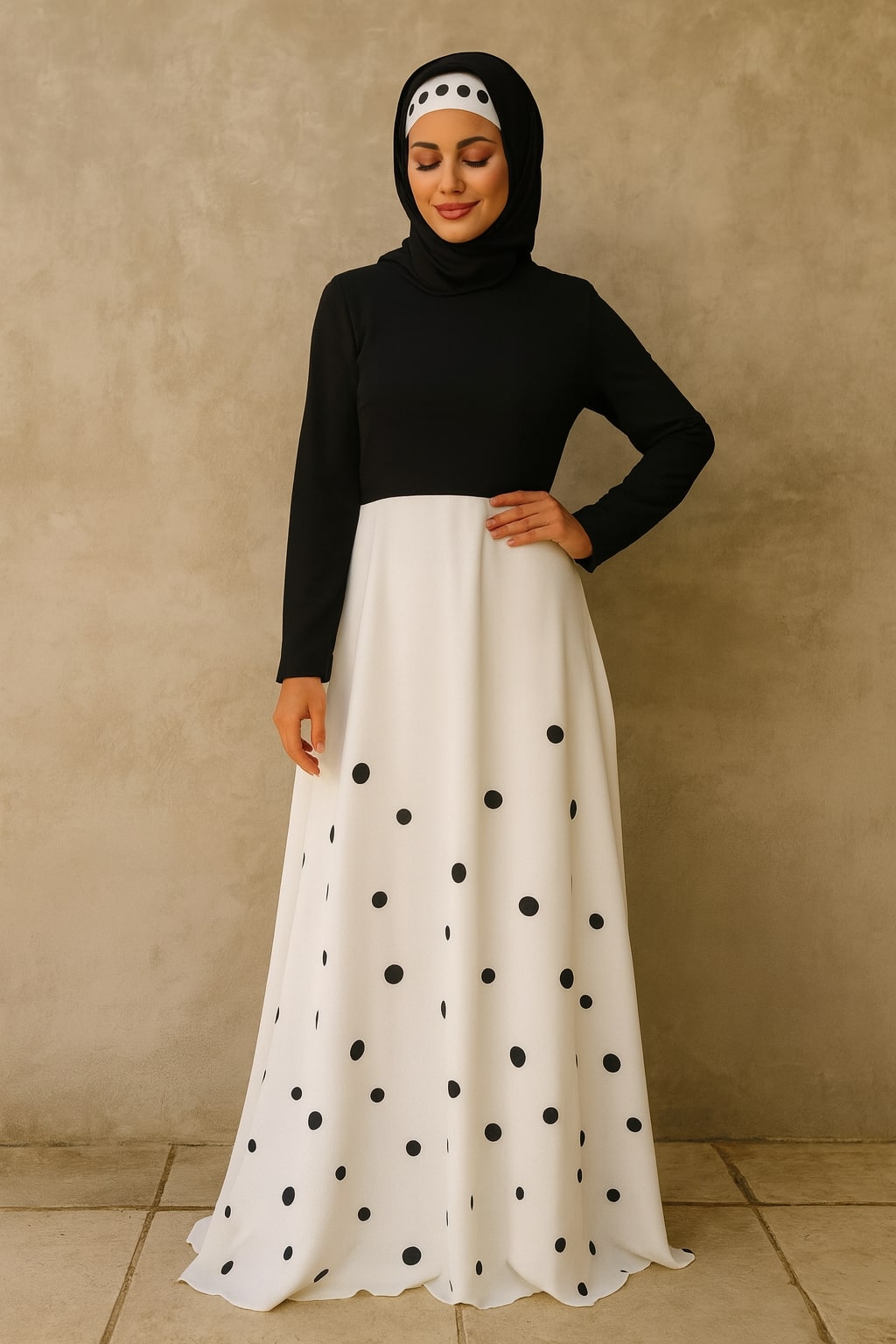 Woman wearing a black top and white skirt with black polka dots against a beige background