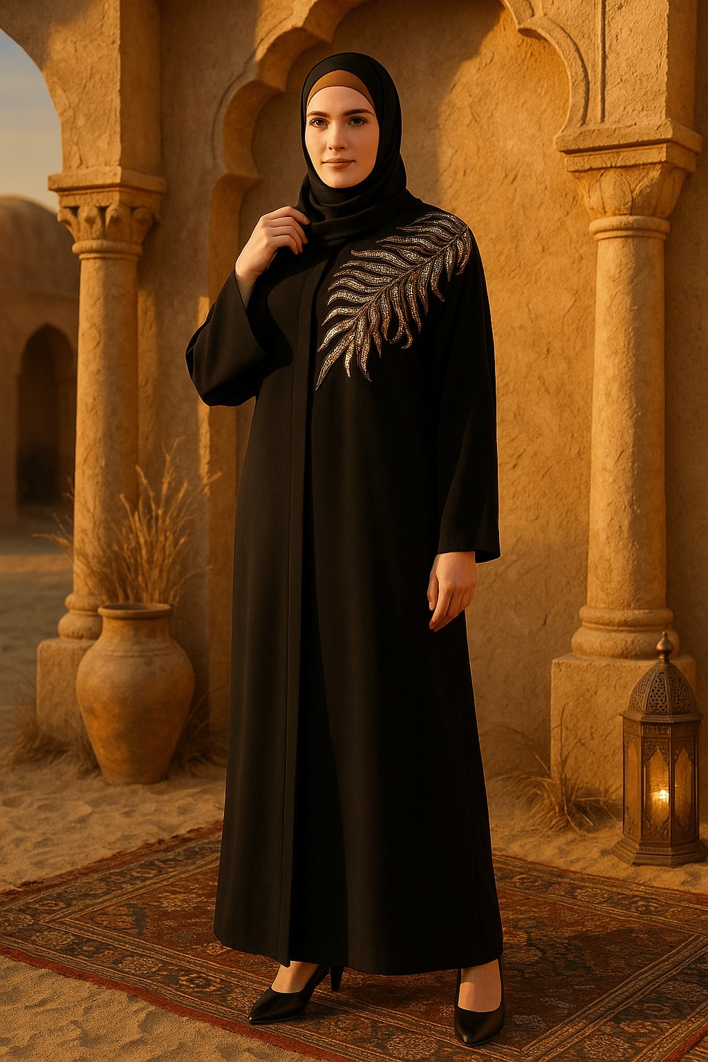 Woman in a black abaya with a decorative scarf standing in a sandy, architectural setting.