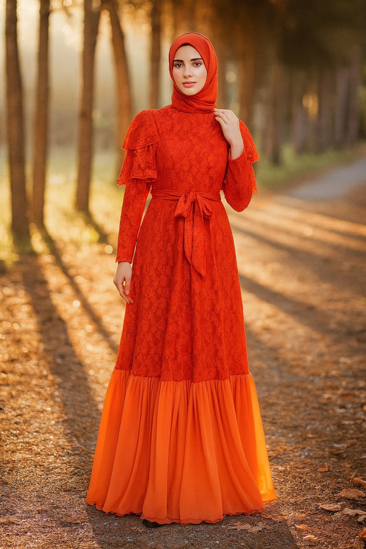 Woman in a red dress standing in a forest with sunlight filtering through the trees.