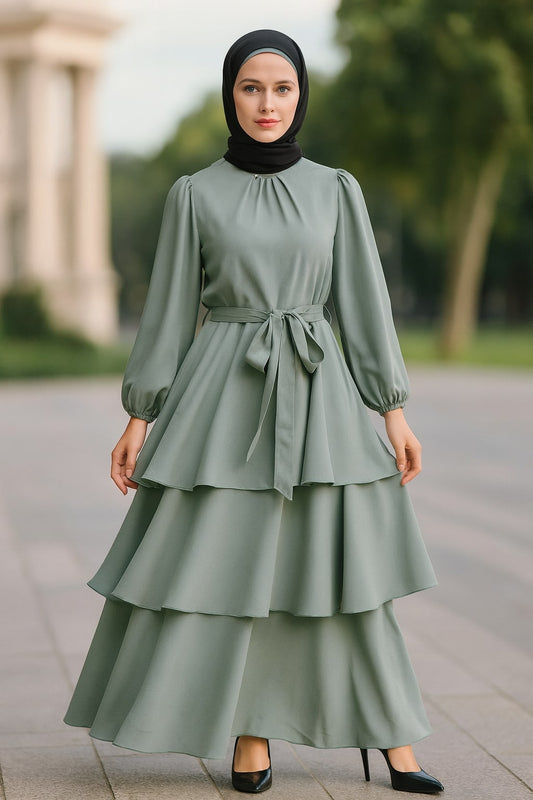 Fancy Sea Green Layered Abaya