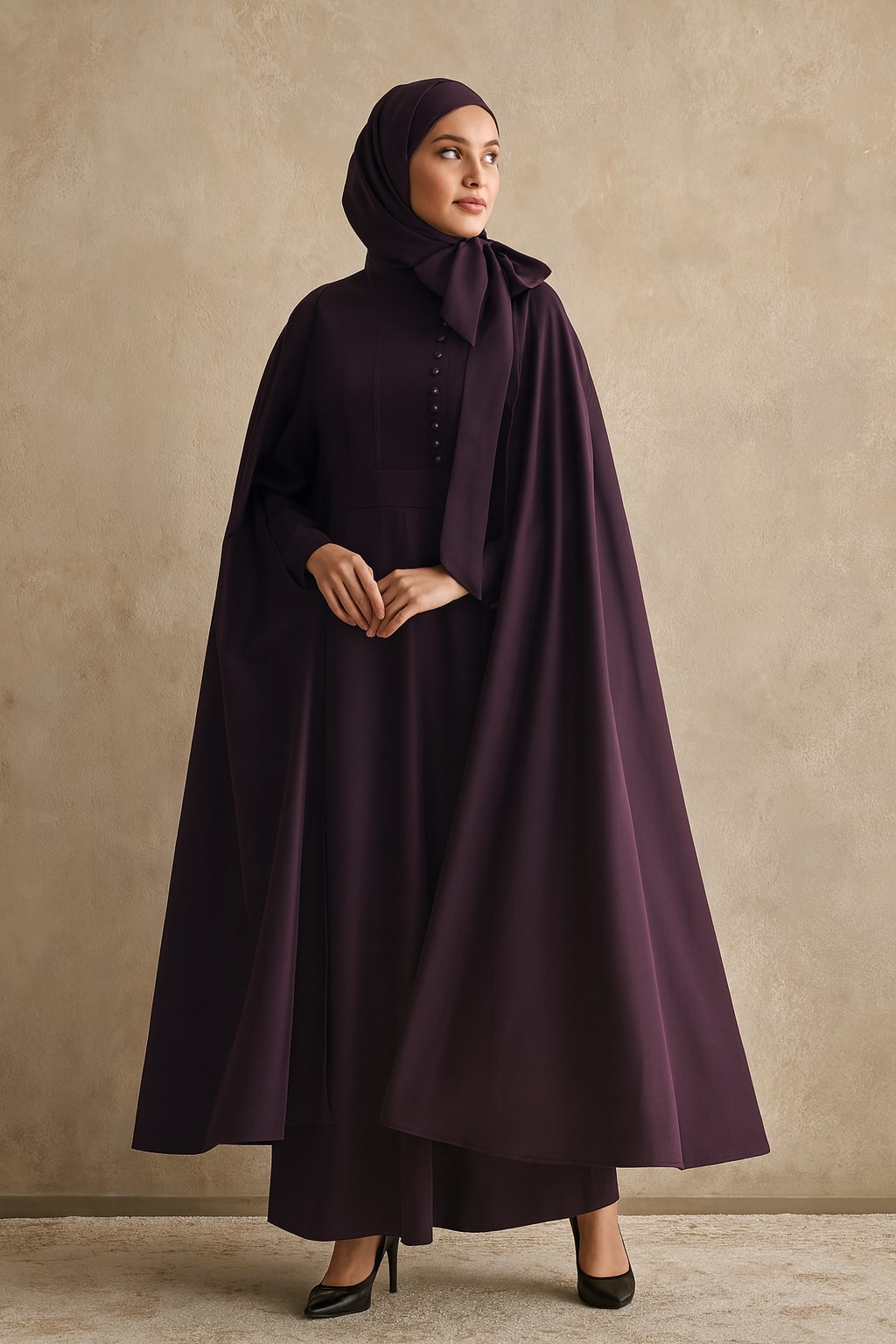 Woman wearing a dark purple outfit with a cape against a beige background