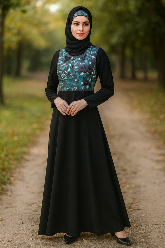 Woman in a black dress with a floral pattern standing on a path in a park.