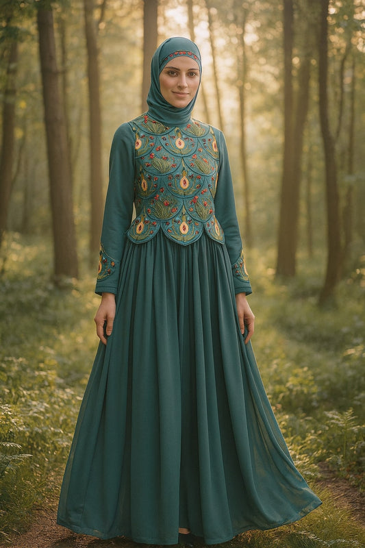 Woman in a green embroidered dress standing in a forest