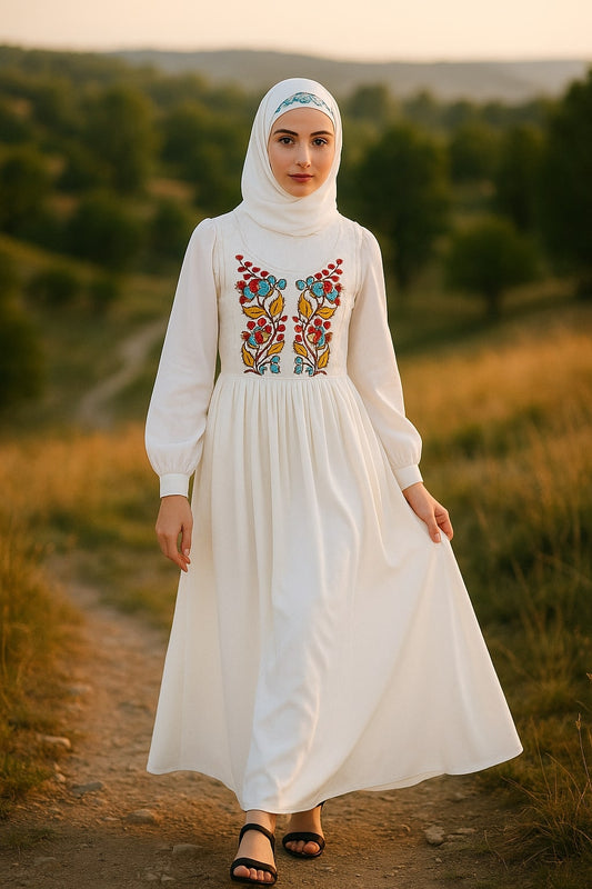 Woman in a white dress with floral embroidery standing on a dirt path in a natural setting.