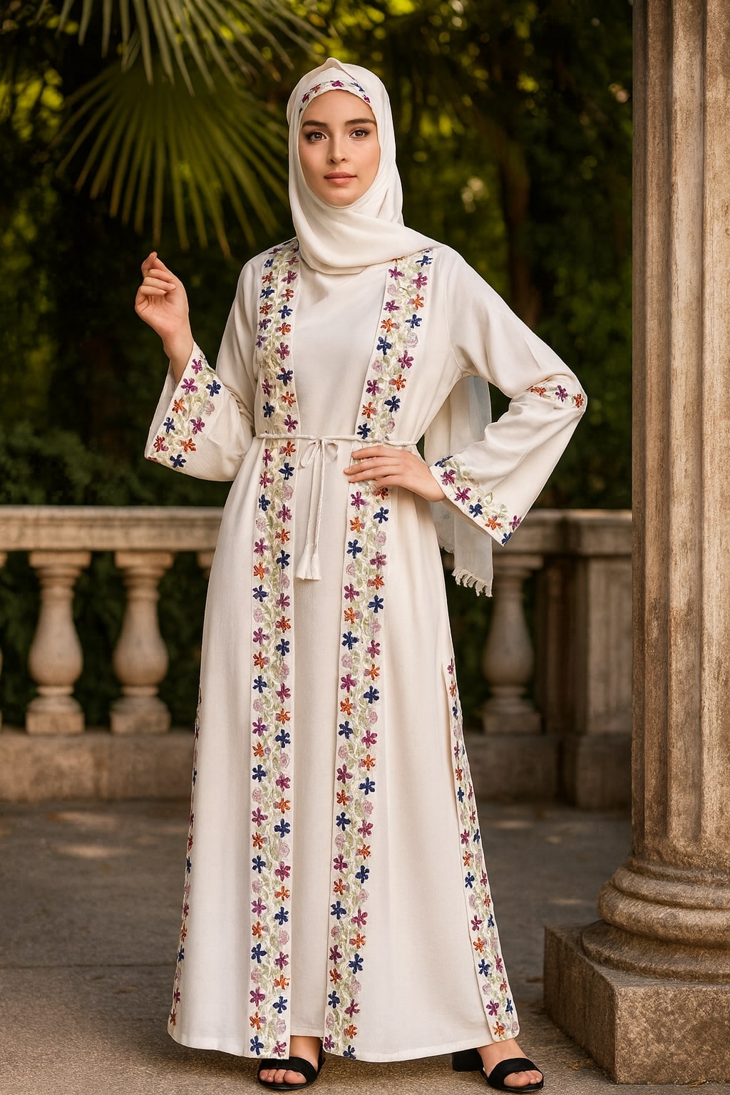 Woman wearing a white dress with colorful floral patterns in an outdoor setting.