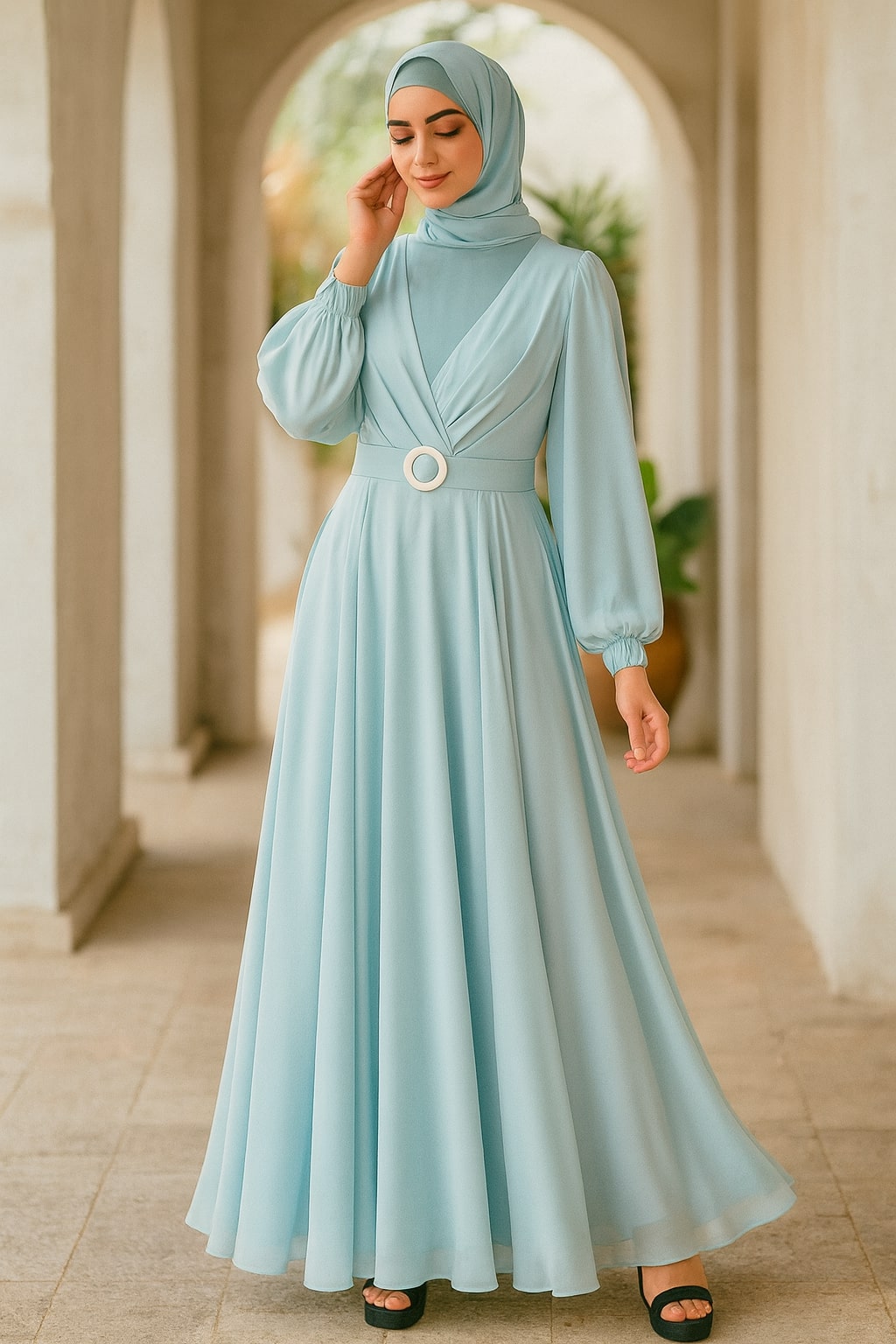 Woman wearing a light blue dress with a belt and hijab in an outdoor setting.