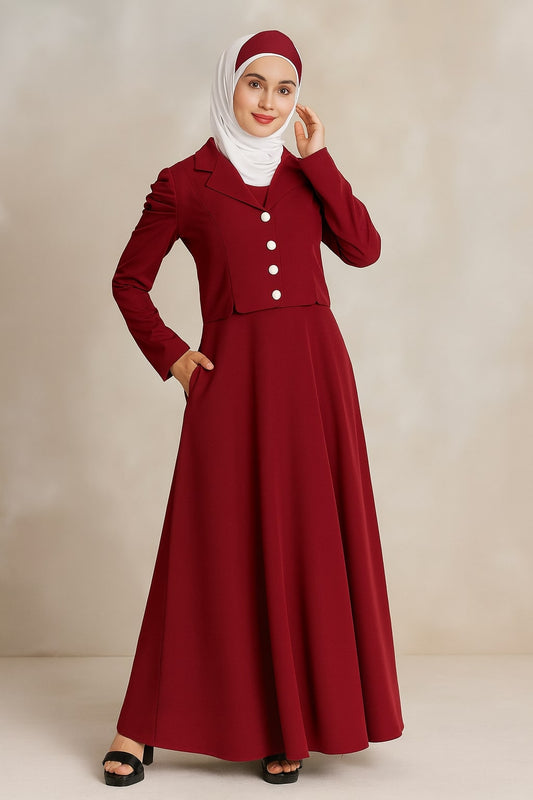 Woman wearing a red outfit with a hijab on a beige background