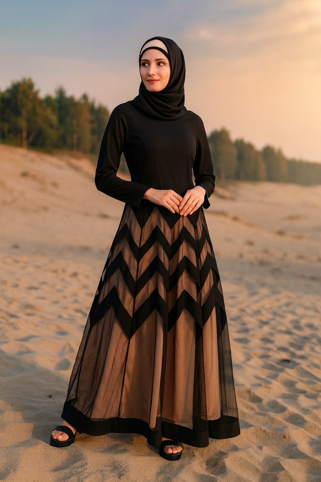 Woman in a black and brown dress standing on a sandy landscape with trees in the background