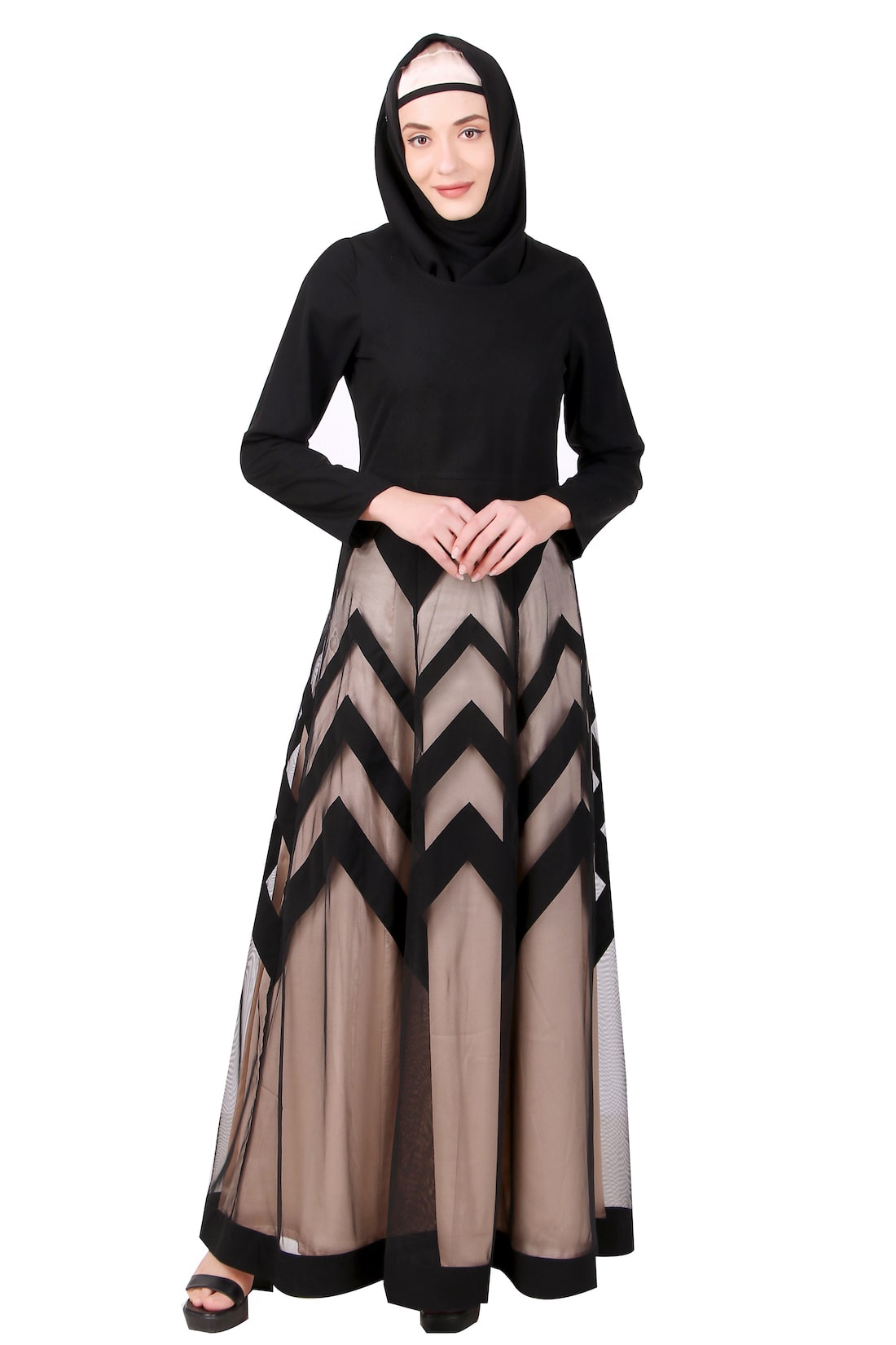 Designer Zig Zag Pattern Nida & Net Abaya