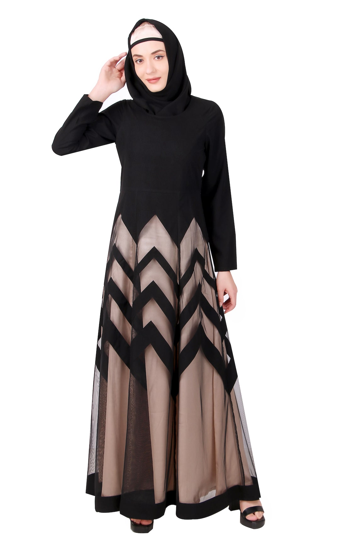 Designer Zig Zag Pattern Nida & Net Abaya