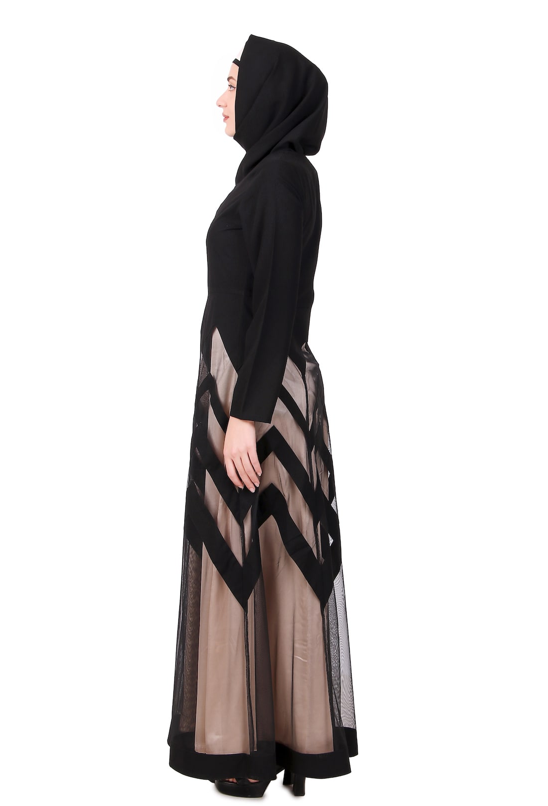 Designer Zig Zag Pattern Nida & Net Abaya