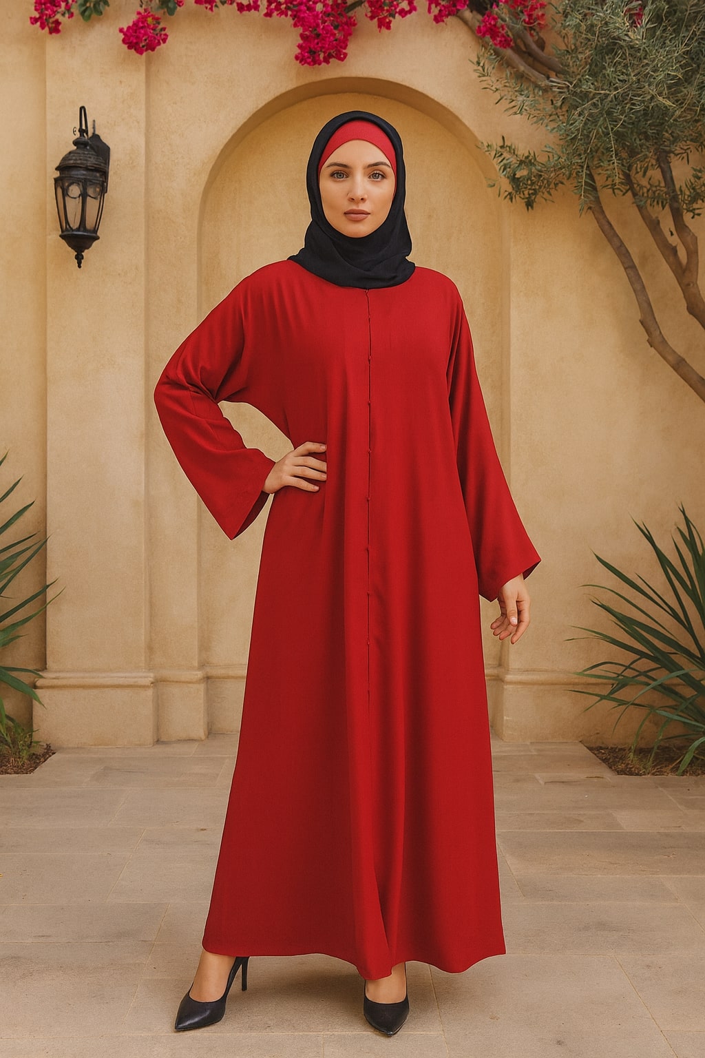 Woman wearing a red dress and black hijab standing in front of a beige wall with plants.