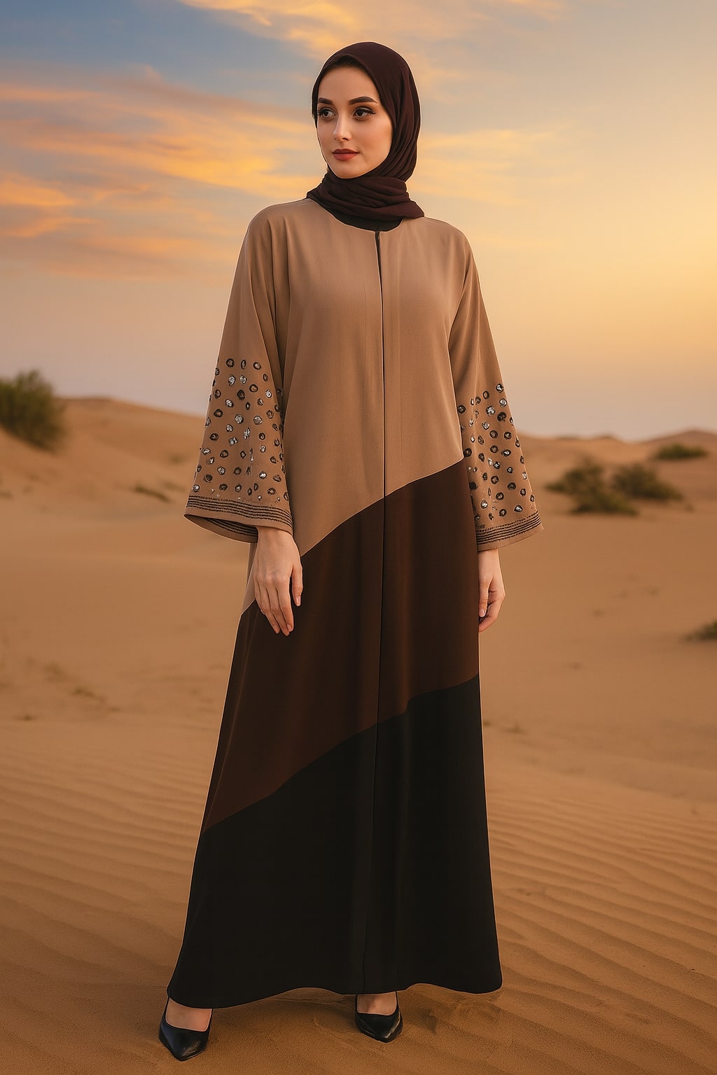 Woman in a two-tone dress standing in a desert landscape with a sunset sky.