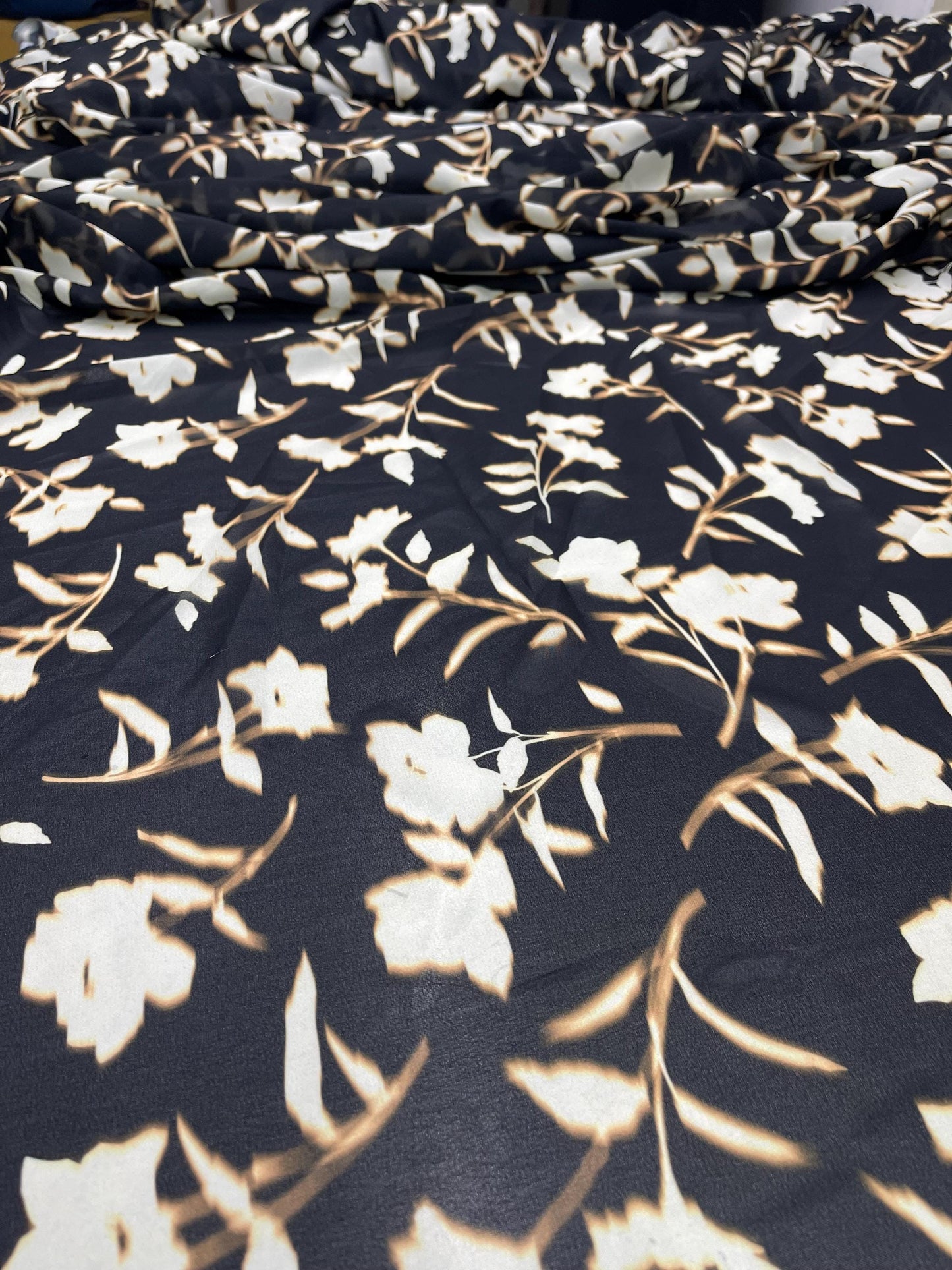 Printed Georgette Polyester Fabric, Woven, 70 GSM, Breathable, 42" Wide, Per Yard, AYG-073, Black Floral Print