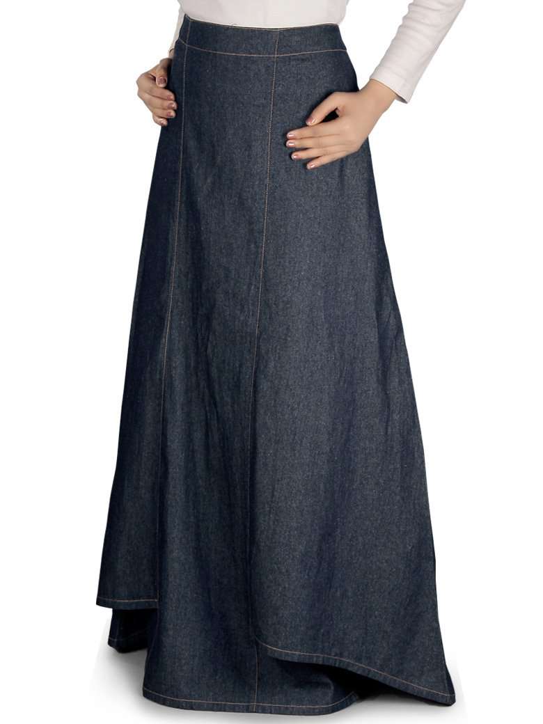 A blue denim skirt with a flared design and top stitch detailing at the front, featuring an elastic waist on the back.