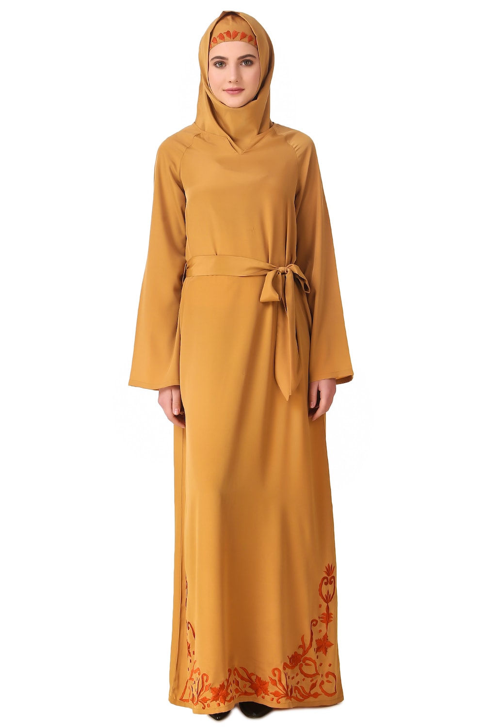 Raglan Sleeves Floral Embroidered Bottom Abaya with Waist Belt